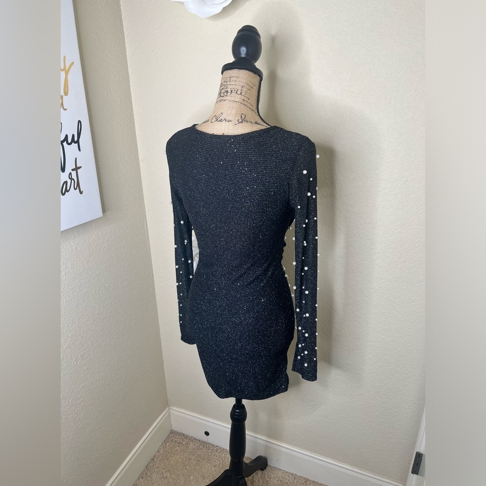 NTM: SHEIN Pearl Embellished Black Bodycon Mini Dress Long Sleeve Size Small - Picture 13 of 16